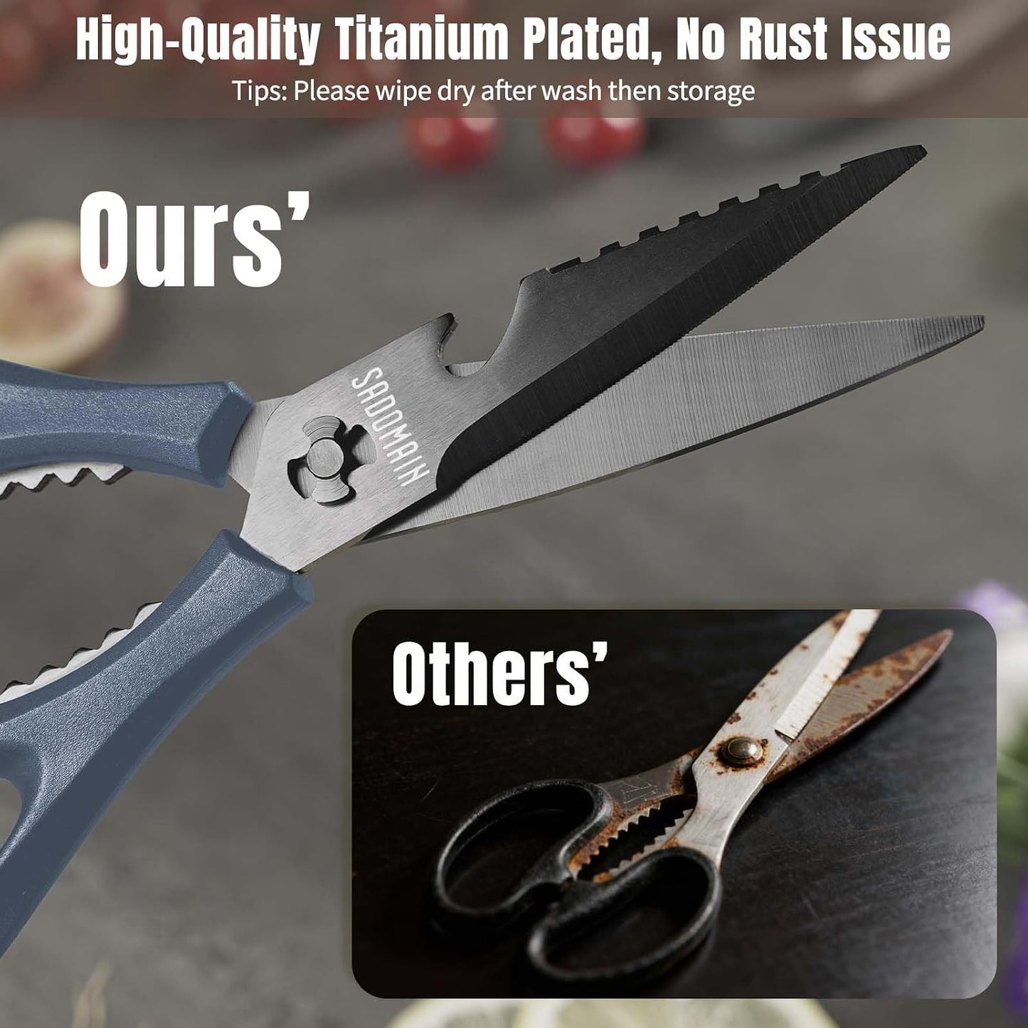 Kitchen Scissors All Purpose, Extra Sharp Kitchen Shears with Knife Sharpener & Sheath, Solid & Durable Stainless Steel Scissors with ANTI-RUST Black Titanium Plated, Dishwasher Safe - Black