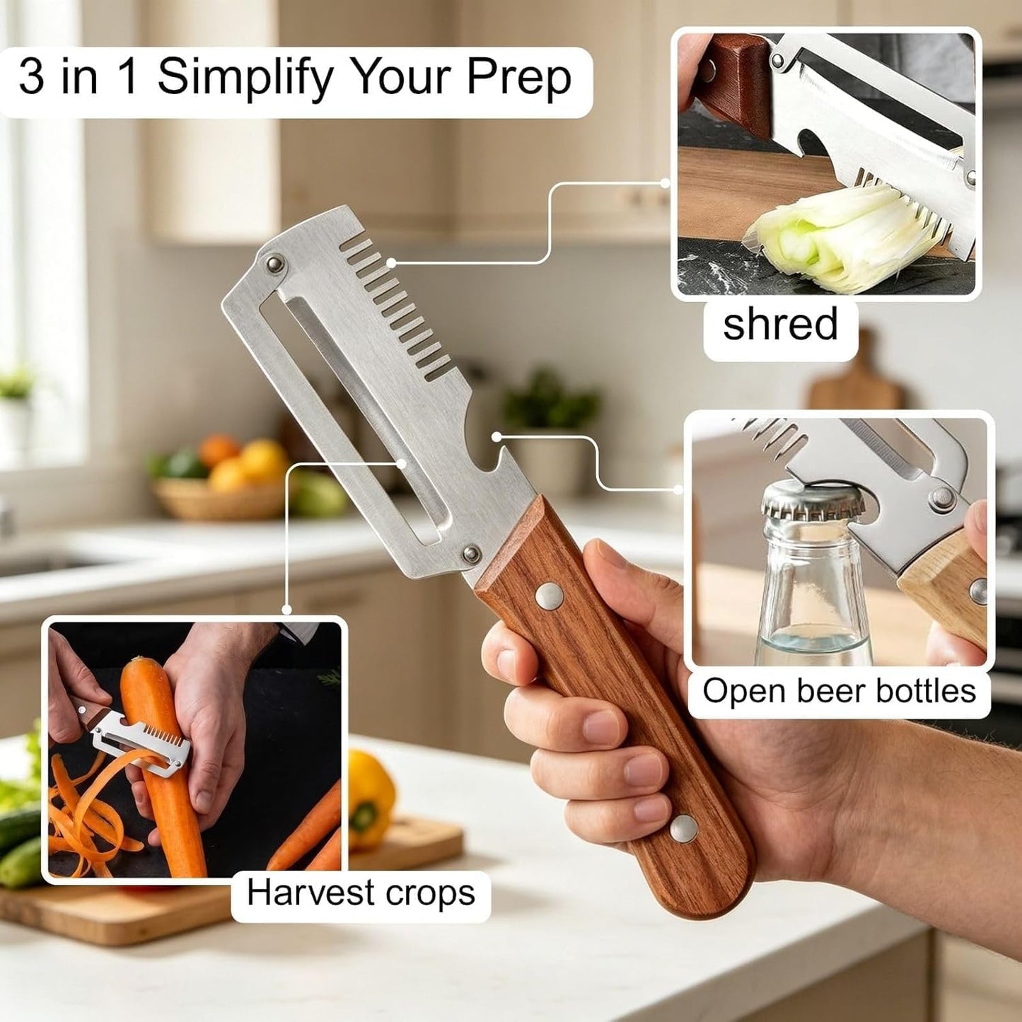 2 Pcs Multifunctional Vegetable Peelers for Kitchen, 3-in-1 Peeler & Bottle Opener & Julienne Peeler, Non-Slip Wooden Handle,Good Sturdy,For Vegetables or Fruits that Need to Be Peeled