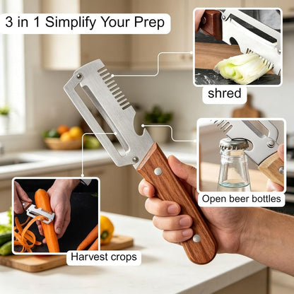 2 Pcs Multifunctional Vegetable Peelers for Kitchen, 3-in-1 Peeler & Bottle Opener & Julienne Peeler, Non-Slip Wooden Handle,Good Sturdy,For Vegetables or Fruits that Need to Be Peeled