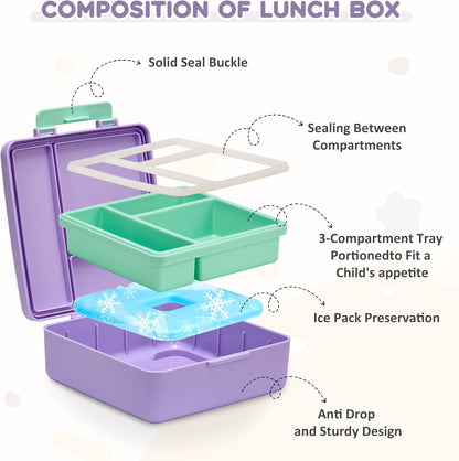 Pawtong Lunch Box Set with Bento Box Container, 17OZ Stainless Steel Food Soup Thermo, Kids Water Bottle & Portable Insulated Lunch Bag, Leakproof, Hot/Cold Retention for School, Travel (Purple-Horse)