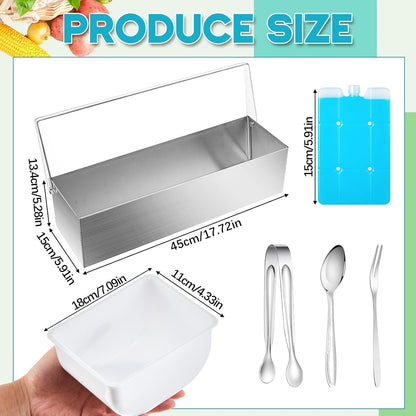 Mifoci 1 Pack Stainless Steel Chilled Condiment Server 6 Removable Slot Toppings Containers with Lid and Bottom Ice Bar Garnish Tray with 9 Silverwares 4 Ice Boxes for Christmas Party, Events and Bar