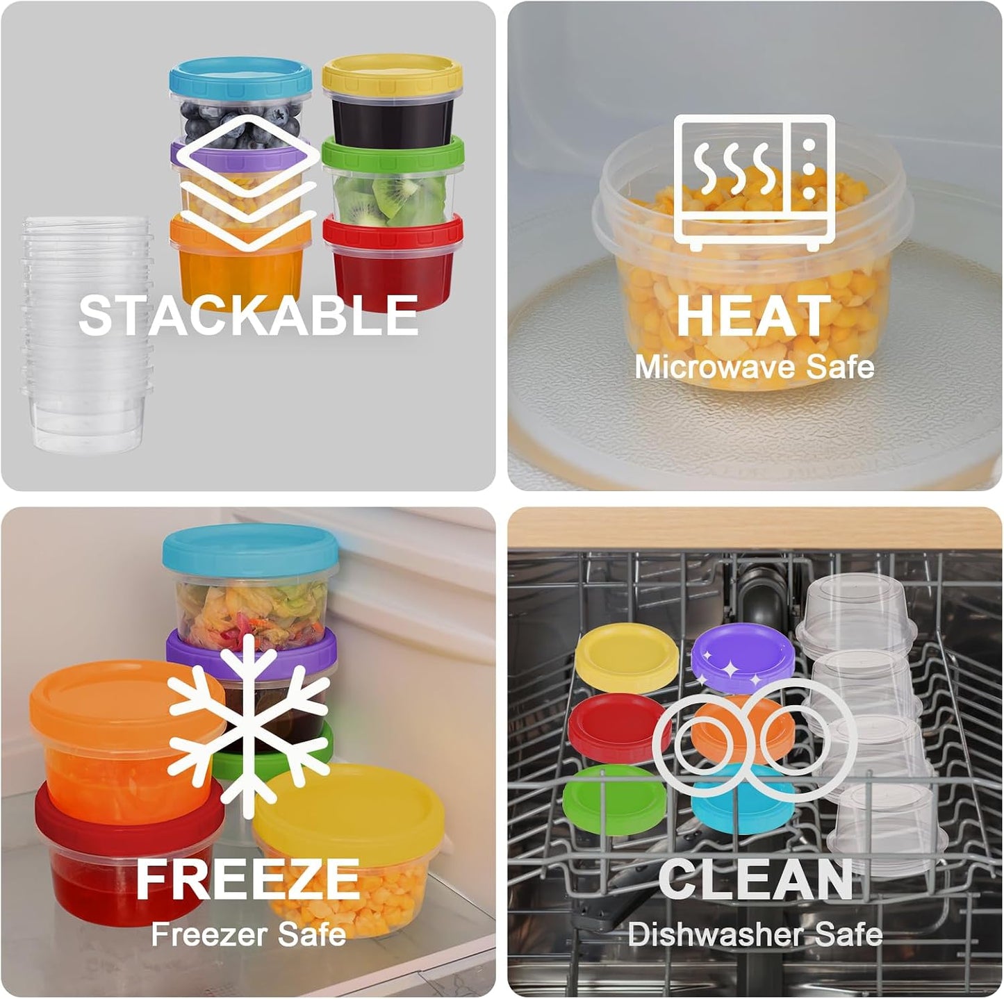 10 oz Plastic Containers with Lids, 12 Pack Stackable Small Freezer Container, Reusable Clear Food Storage Meal Prep Containers for Snack Fruit, Microwave & Dishwasher Safe