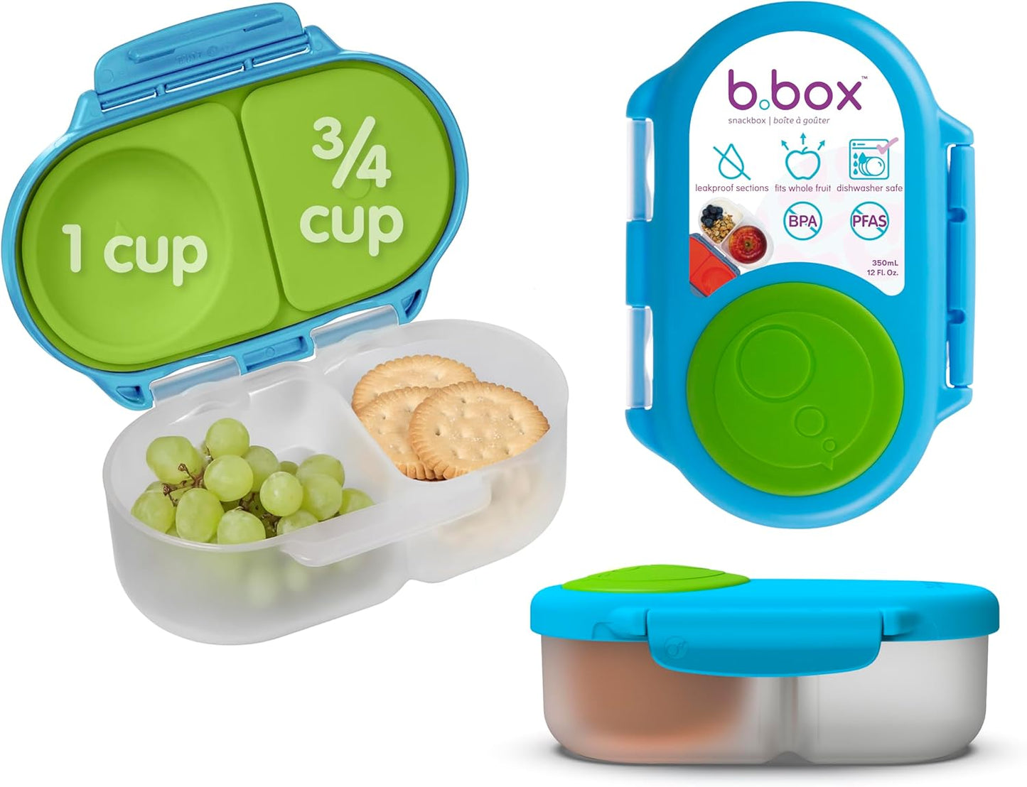 b.box Snack Box 2-Pack - Leak Proof Mini Bento Box for Kids & Toddlers, 2 Compartment Snack Containers for Kids, Dishwasher Safe, BPA-Free, PFAS-Free, Ages 4mo+, 1 3/4 Cup Each (Strawberry + Lilac)