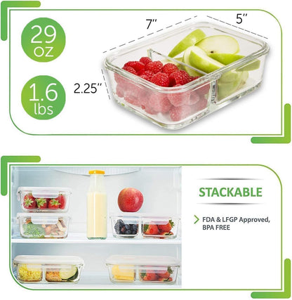 PrepNaturals 5 Pack 30 Oz Glass Meal Prep Containers - Dishwasher Microwave Freezer Oven Safe - Glass Storage Containers with Lids (Multi-Compartment)
