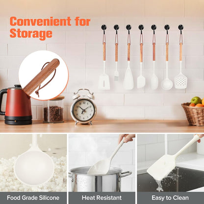 Silicone Cooking Utensils Set of 7 Pack, Wood Handle Heat-Resistant Kitchen Utensils, Non-Stick Cookware Safe - Include Spatula, Spoon, Ladle, Bowl Scraper, Basting Brush for Cooking, Baking, BBQ