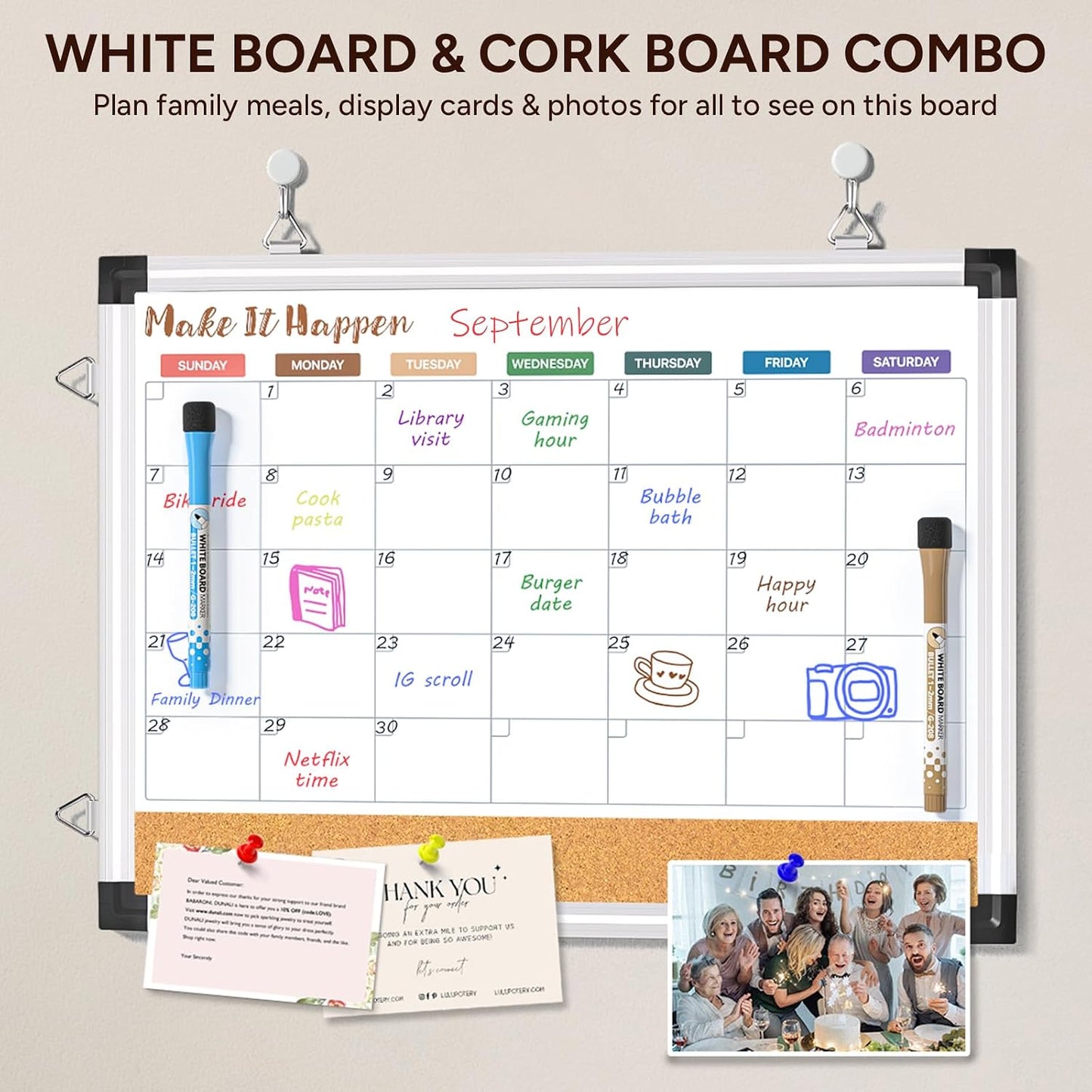 Marsrock Weekly Calendar Whiteboard and Cork Board Combo for Wall, 17"x13" Reversible Hanging Dry Erase Board, Double Sided White Board with Aluminum Frame for Planning, Office, Kitchen, School, Home