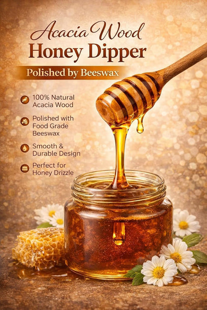 Premium Acacia Wood Honey Dipper Sticks Set of 2 – 6 Inch Food Grade Beeswax Polished Honey Wand Dispenser Server | Warp-Resistant Elegant Wooden Honey Drizzler for Jars Kitchen Use