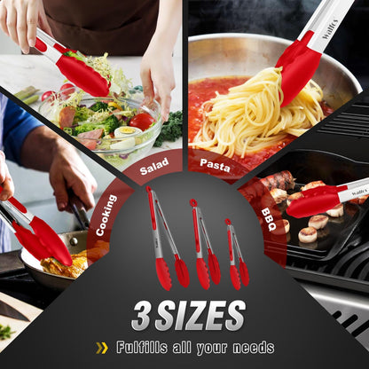 Walfos Kitchen Tongs for Cooking, 600℉ Heat Resistant Stainless Steel Tongs, All Metal Heavy Duty Tongs For Food ,BBQ Grilling - 7 ，9 and 12 Inch ,Set of 3