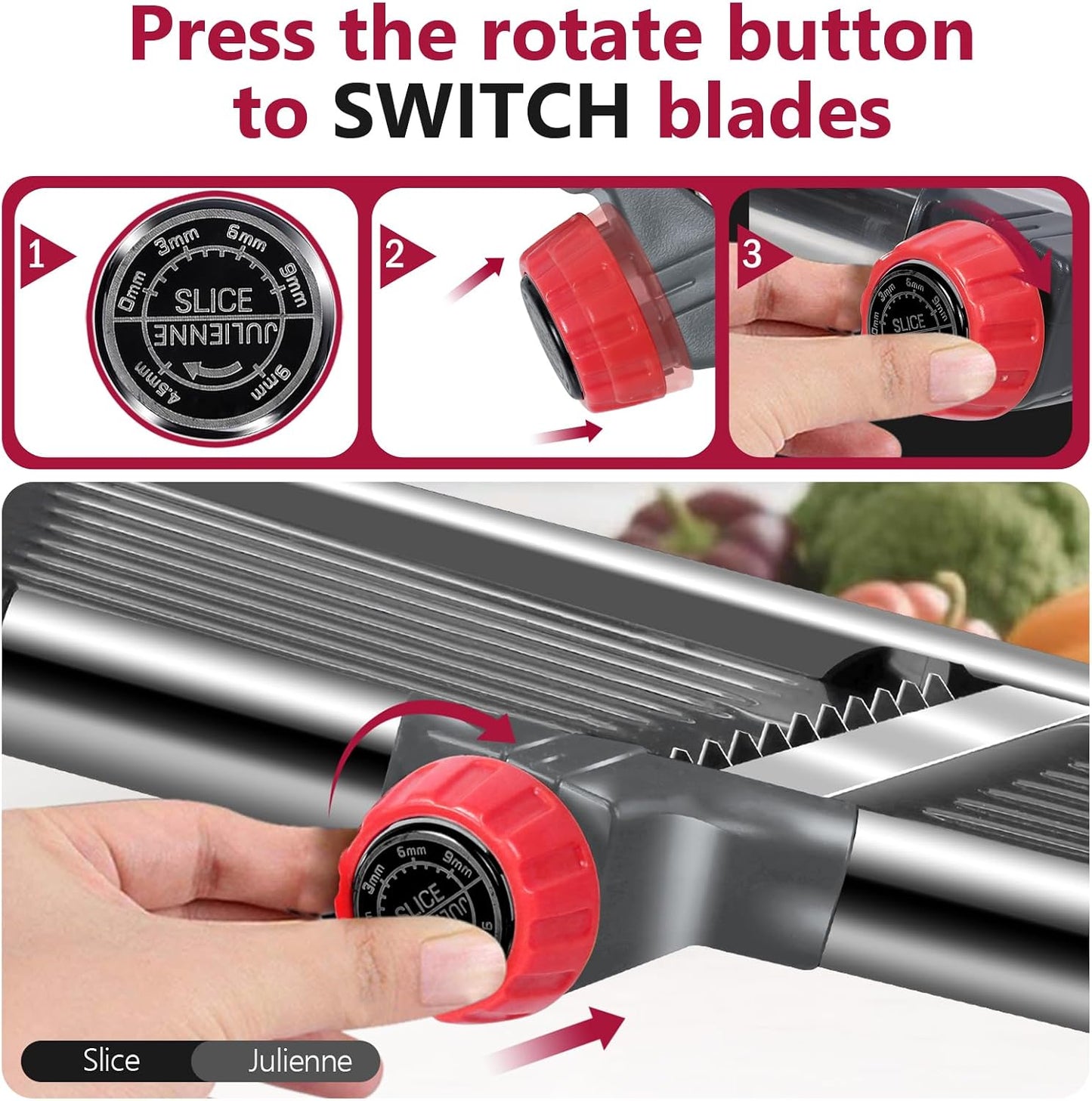 Masthome Adjustable Mandoline Slicer, Thin to 9mm Slice, 4.5mm & 9mm Julienne - Vegetable Cutter for Potato Carrot Onion - Stainless Steel - with Glove & Brush (Red)