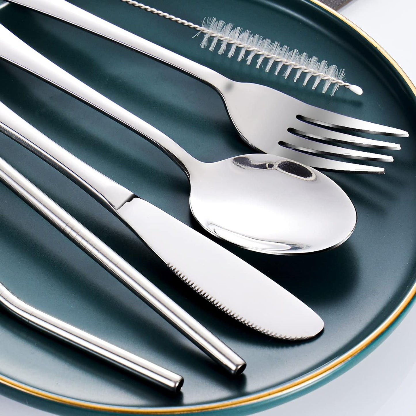 Portable Utensils Set with Case, 4pcs Stainless Steel Reusable Silverware for Lunch Camping School Picnic Workplace Travel, Lunch Box Includ Fork Spoon Knife,Easy to clean,Dishwasher Safe(Rainbow)