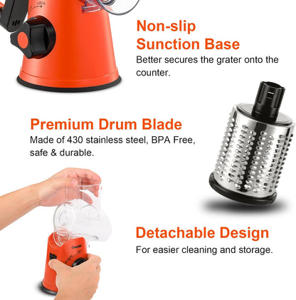 Geedel Rotary Cheese Grater, Kitchen Mandoline Vegetable Slicer with 3 Interchangeable Blades, Easy to Clean Rotary Grater Slicer for Cheese, Vegetables, Nuts