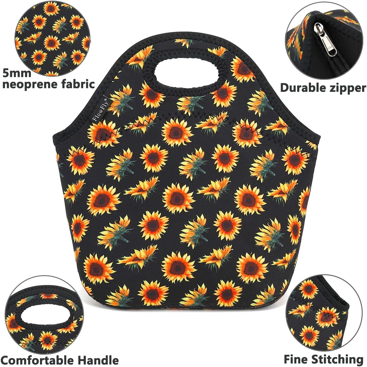 FlowFly Neoprene kids Lunch box Insulated Soft Bag Mini Cooler Thermal Meal Tote Kit for Boys, Girls,Men,Women,School,Work, Office,Black