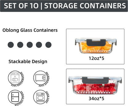 10 Pack Glass Food Storage Containers with Lids (34oz & 12oz) - Airtight, Leakproof, Meal Prep Containers for Kitchen - Dishwasher, Microwave, Oven, Freezer Safe High Borosilicate Glass (Pink)