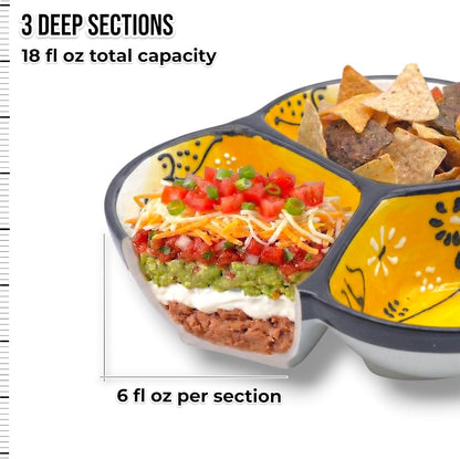 Ceramic Chip & Dip Bowl 7.5”, 3-Compartment Divided Serving Dish & Condiment Tray for Appetizers – Handmade in Spain, Lead-Free Glaze, Microwave, Oven & Dishwasher Safe
