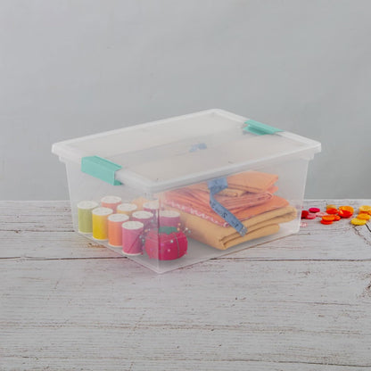 Sterilite Deep Clip Box, Stackable Small Storage Bin with Latching Lid, Plastic Container to Organize Paper, Office, Home, Clear Base and Lid, (Pack of 4)