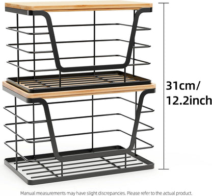 ALOCEO 2 Pack Stackable Wire Storage Basket with Bamboo Lid, Trash Bag Dispenser Under Sink for 4-13 Gal Bags, Kitchen Storage Bins for Potato and Onion, Brown