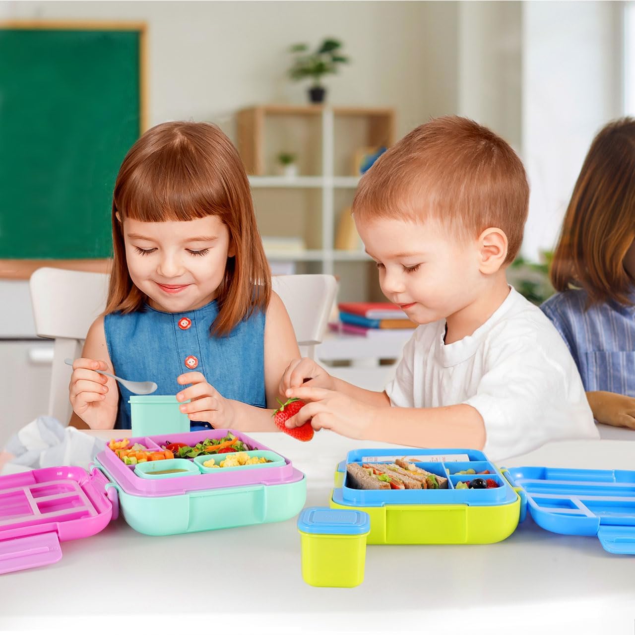 Caperci Bento Box for Kids - Large 4.8 Cups Lunch Box with Two Modular Containers - 4 Compartments, Leak-Proof, Portable Handle, Microwave/Dishwasher Safe, BPA-Free (Jungle Green/Blue)