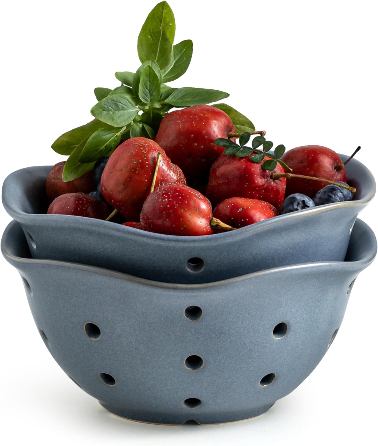 Gomakren Berry Bowls with Holes Ceramic, Berry Washing Bowl Basket Set of 2, 5.8 Inch Round Fruit Bowl Storage Containers, Strawberry Baskets, Farmhouse Kitchen Decor, Yellow + Brown