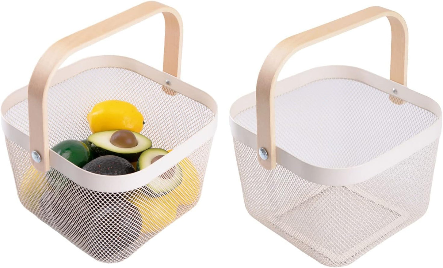 IBWell Square Metal Wire Woven Fruit Storage Bowl Basket with Wooden Handle, Large Black Mesh Fruit Stand, Multi-function Hanging Kitchen Baskets (White, Normal)
