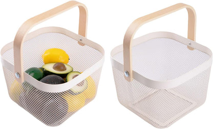 IBWell Square Metal Wire Woven Fruit Storage Bowl Basket with Wooden Handle, Large Black Mesh Fruit Stand, Multi-function Hanging Kitchen Baskets (White, Normal)