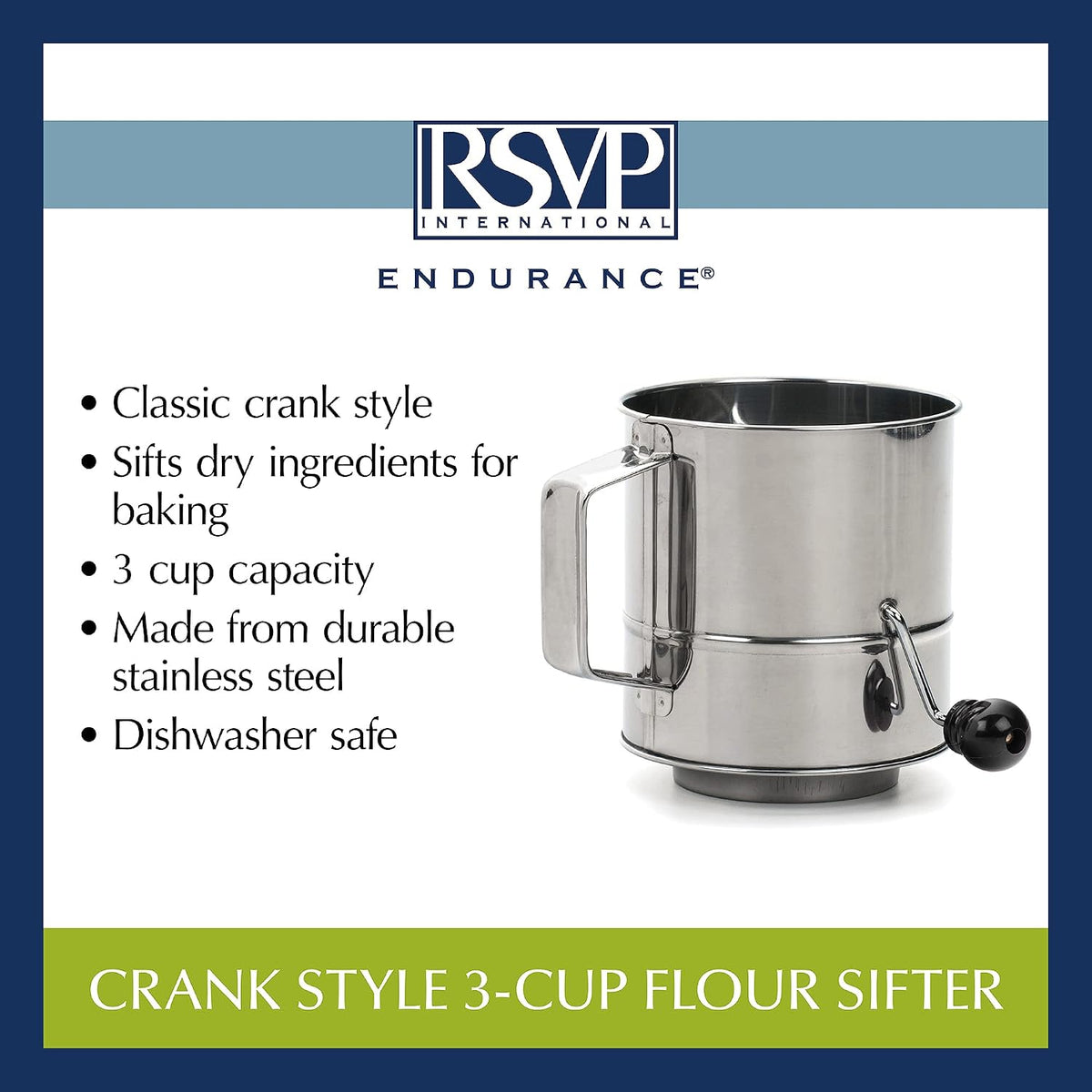 RSVP International Endurance® Stainless Steel Vintage One-Hand Sifter, 1 Cup | Top Cakes, Sift Flour, Marinade BBQ & More | Dishwasher Safe | Powder Sugar, Sift Flour, Spread Toppings & More