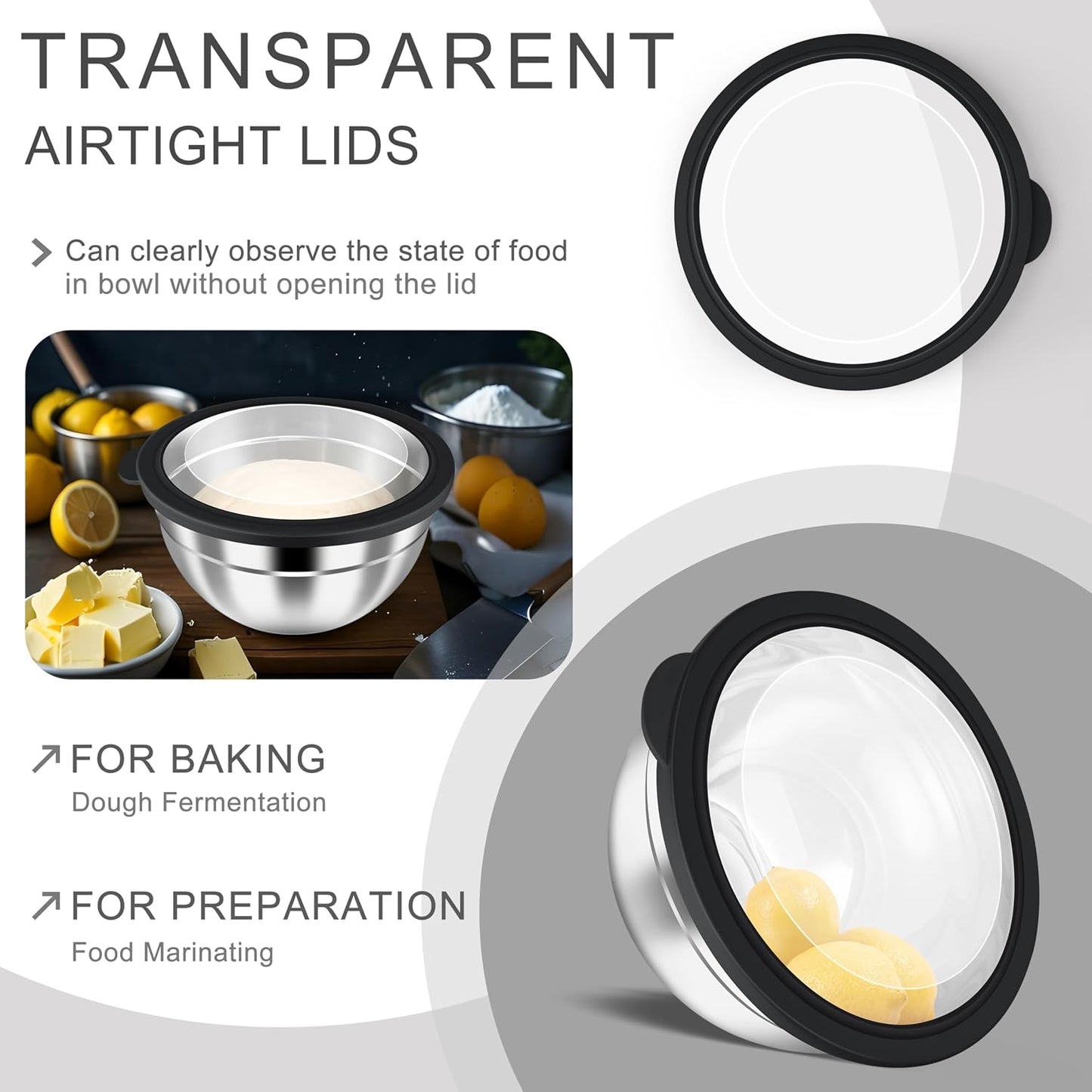 HaWare Mixing Bowls with Airtight Clear Lids, 6-Piece Stainless Steel Strong Nesting Bowls Set, Metal Salad Bowl for Cooking, Prepping, Baking, Serving & Food Storage, Size 4.6, 3, 1.5QT, Khaki