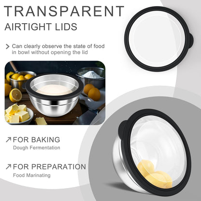 HaWare Mixing Bowls with Airtight Clear Lids, 6-Piece Stainless Steel Strong Nesting Bowls Set, Metal Salad Bowl for Cooking, Prepping, Baking, Serving & Food Storage, Size 4.6, 3, 1.5QT, Khaki