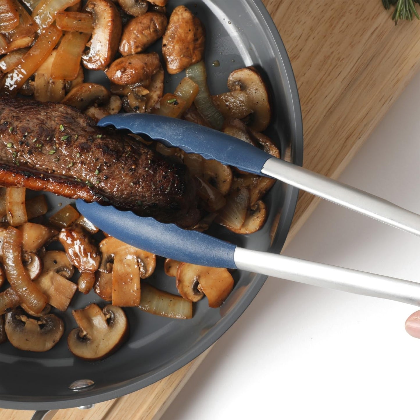 Calphalon Edge Tongs Set, 2-Piece Stainless Steel Kitchen Tongs Set with Silicone Heads, Includes 9-Inch & 12-Inch Heat-Resistant Locking Tongs for Cooking, Grilling & Serving, Taupe