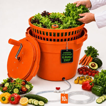 Commercial Salad Spinner - 3 Gallon Large Capacity Lettuce Dryer with 10 Ft Drain Hose & Stop Valve, 12Qt Manual Vegetable Spinner for Restaurants, Catering and Meal Prep