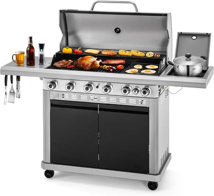 MFSTUDIO 5 Burner Gas Grill Griddle Combo with Porcelain-Enameled Cast Iron Grates,Cutting Board and Double Lids, Duel-Function Propane BBQ Grills with Flat Top Grddle for Outdoor Barbecue Cooking