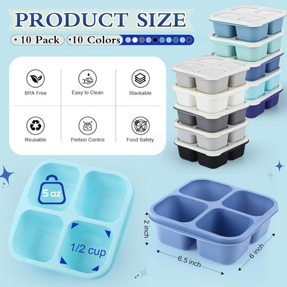 Honeydak 10 Pack Bento Snack Containers 4 Compartment Snack Boxes Reusable Containers with Lids Divided Meal Prep Lunch Food Storage Box for School Work Travel