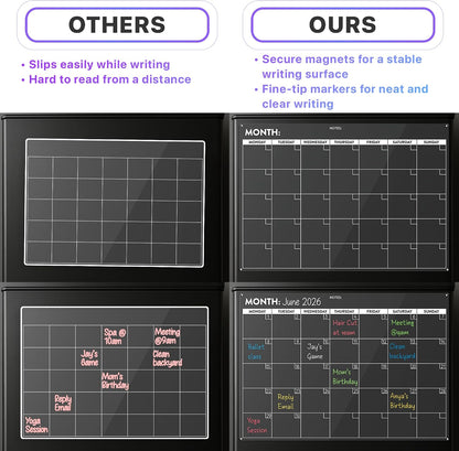 Fridge Calendar Acrylic 17x12”, Start Monday | Magnetic Calendar for Refrigerator | Acrylic Dry Erase Whiteboard Calendar for Fridge | Family Schedule Board with 5 Markers & Eraser by Freedom Mastery