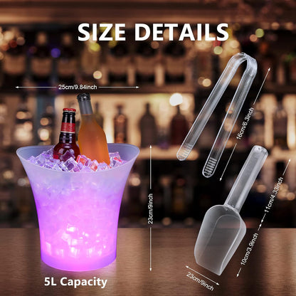 18 Pcs LED Ice Bucket Bulk with Scoop and Clip 5 L Ice Bucket 7 Color Changing LED Light Ice Bucket Acrylic Clear Beverage Champagne Beer Wine Cooler Bucket for Party Bar Club KTV Restaurant Home
