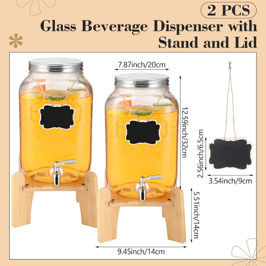 Sliner 2 Pack 2 Gallon Glass Drink Dispenser with Stand Glass Beverage Dispenser Water Juice Drink Containers for Parties with Stainless Steel Spigot Hanging Chalkboard(Stainless Steel)
