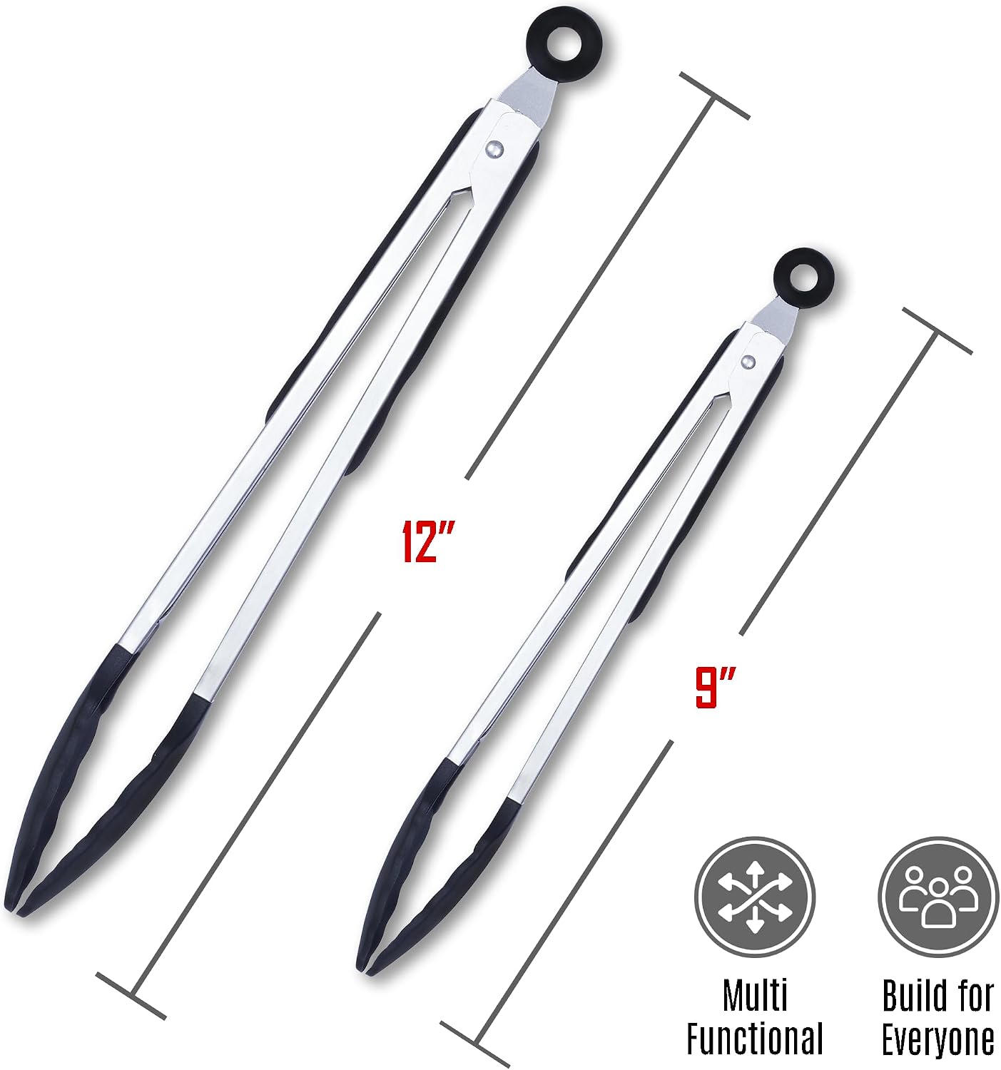 Pack of 3 Stainless Steel Kitchen Tongs with Silicone Tips – Non-Stick Cooking, Grilling & BBQ Tongs for Serving, Dishwasher Safe, 7", 9" & 12", Black