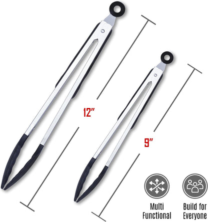 Pack of 3 Stainless Steel Kitchen Tongs with Silicone Tips – Non-Stick Cooking, Grilling & BBQ Tongs for Serving, Dishwasher Safe, 7", 9" & 12", Black