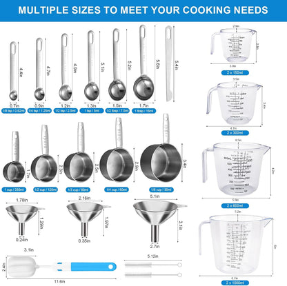 Measuring Cups and Spoons Set 21 Piece, 11 Stainless Steel Nesting Measuring Spoons and Cups with 3 Plastic Measuring Cup, 3 Funnel, 3 Brush, 1 Ruler, Measuring Cup Set for Kitchen Baking Liquid Dry