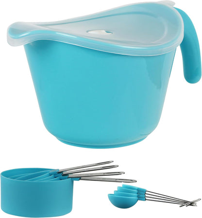 Batter Bowl With Pour Spout, Non-Slip Base,Space Saving Detachable Handle with Lid, Mixing with Measuring Spoons and Cups 2 QT Heavy Duty BPA-Free Microwave & Dishwasher Safe (Turquoise)
