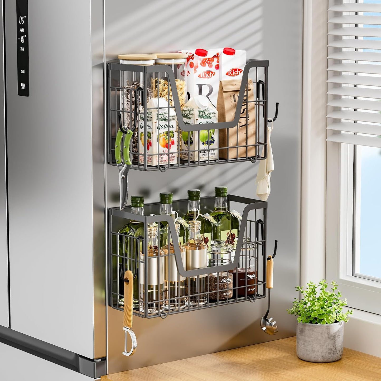 2 Set Magnetic Shelf for Fridge, Potato & Onion Storage Bins, Magnetic Fruit Basket for Refrigerator Pantry Kitchen Counter Laundry Organizer, Fridge Magnetic Spice Rack Magnet Fridge Storage