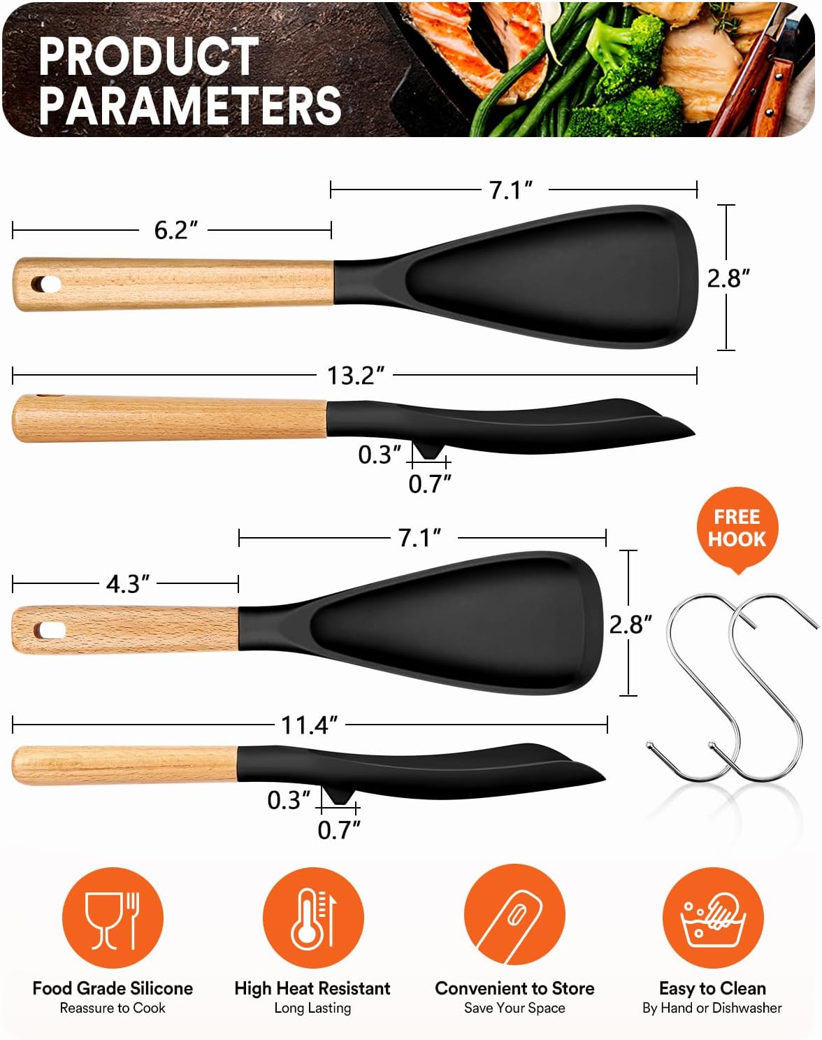 Badiano Multifunction Cooking Spoon for Nonstick Cookware,11.4"&13.4",Black