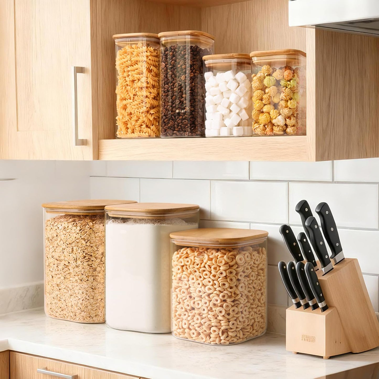 2-Pack 1 Gallon Square Glass Flour and Sugar Containers with Lids, Large Airtight Pantry Jars for Baking - Glass Canisters with Scoops & Labels for Bulk Food