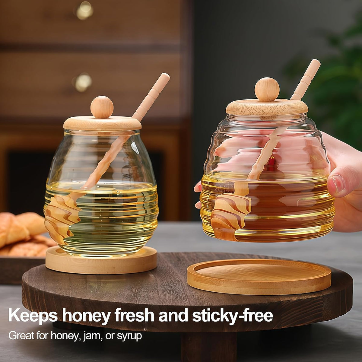 Empty Glass Honey Dispenser with Bamboo Lid & Dipper 16.7oz (500ml) Honey Pot Jam Jar Syrup Container for Kitchen Coffee Tea Home Café