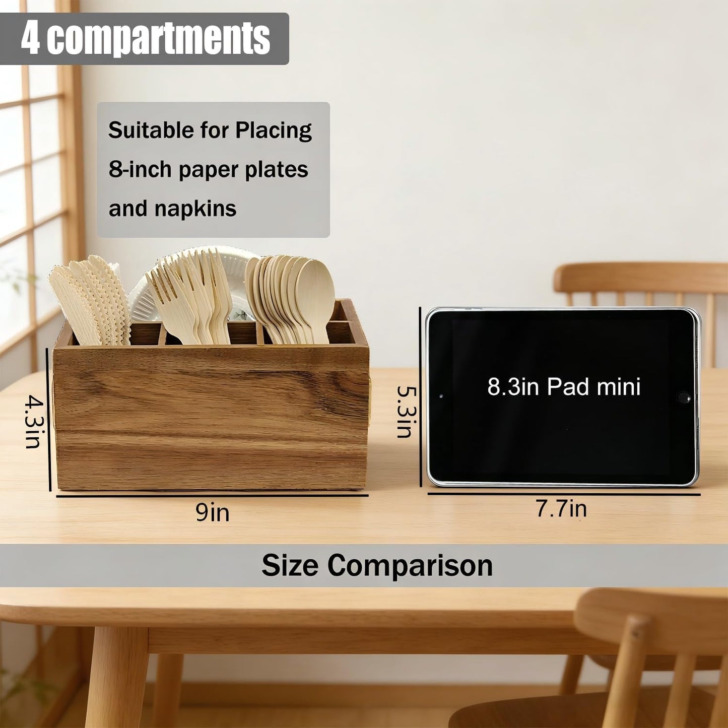 Acacia Silverware Holder for Party with Handle - Paper Plate Holders for Countertop - Wooden Utensil Caddy for Parties - Kitchen Spoon and Fork Organizer Silverware Caddy for Party Camping