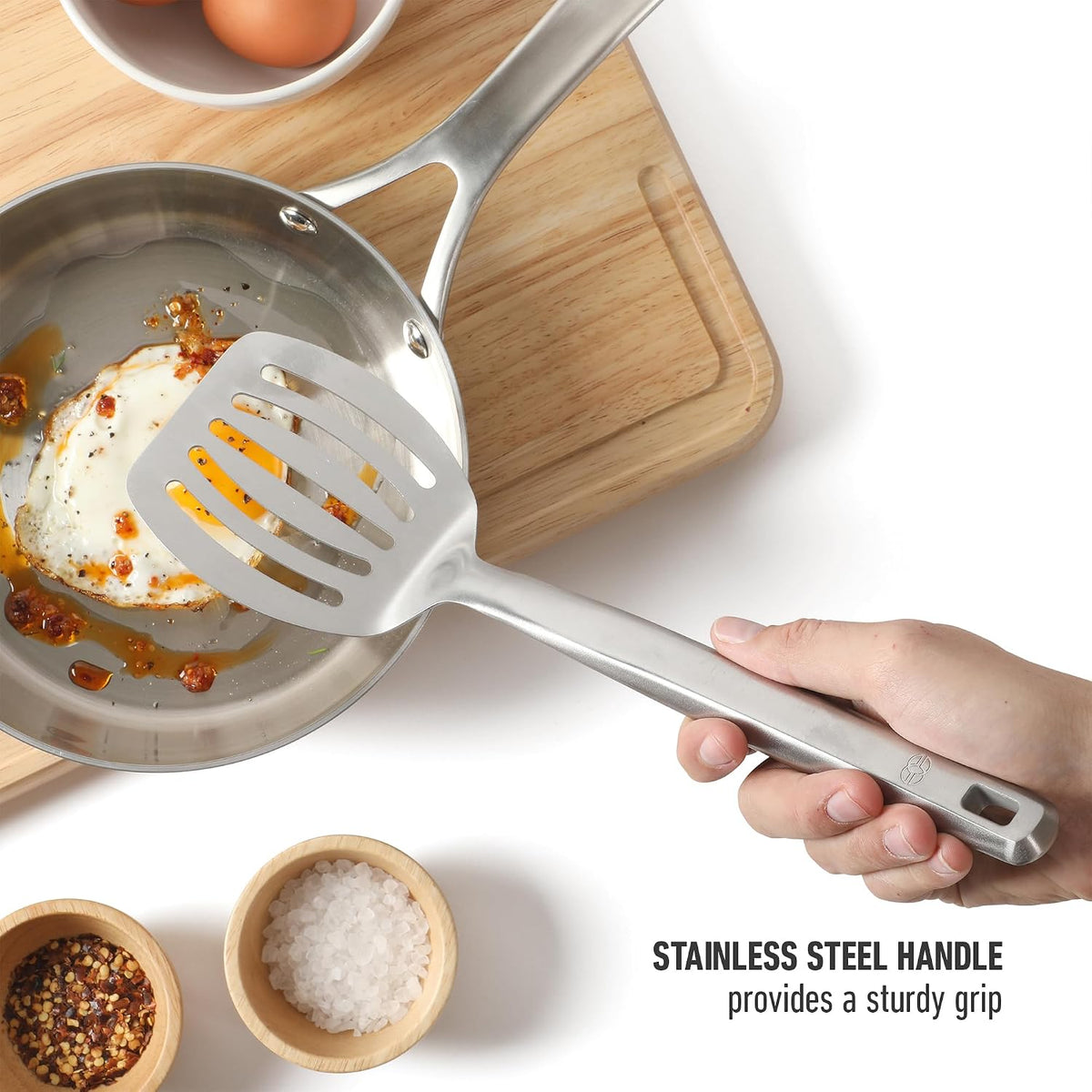 Calphalon Slotted Turner, Kitchen Flipping Spatula, Slotted Spatula, Stainless Steel Turner with Silicone Heat Resistance Handle, Nonstick-Safe Spatula for Draining and Flipping (Navy)