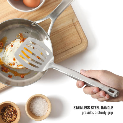 Calphalon Slotted Turner, Kitchen Flipping Spatula, Slotted Spatula, Stainless Steel Turner with Silicone Heat Resistance Handle, Nonstick-Safe Spatula for Draining and Flipping (Navy)
