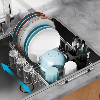 GSlife Expandable Over the Sink Dish Drying Rack with Cup Holder - Stainless Steel Dish Drainer with Locking Knob, Size Adjustable Dryer Strainer for Kitchen, Fit Sink 10.8"-17.9" L, Silver