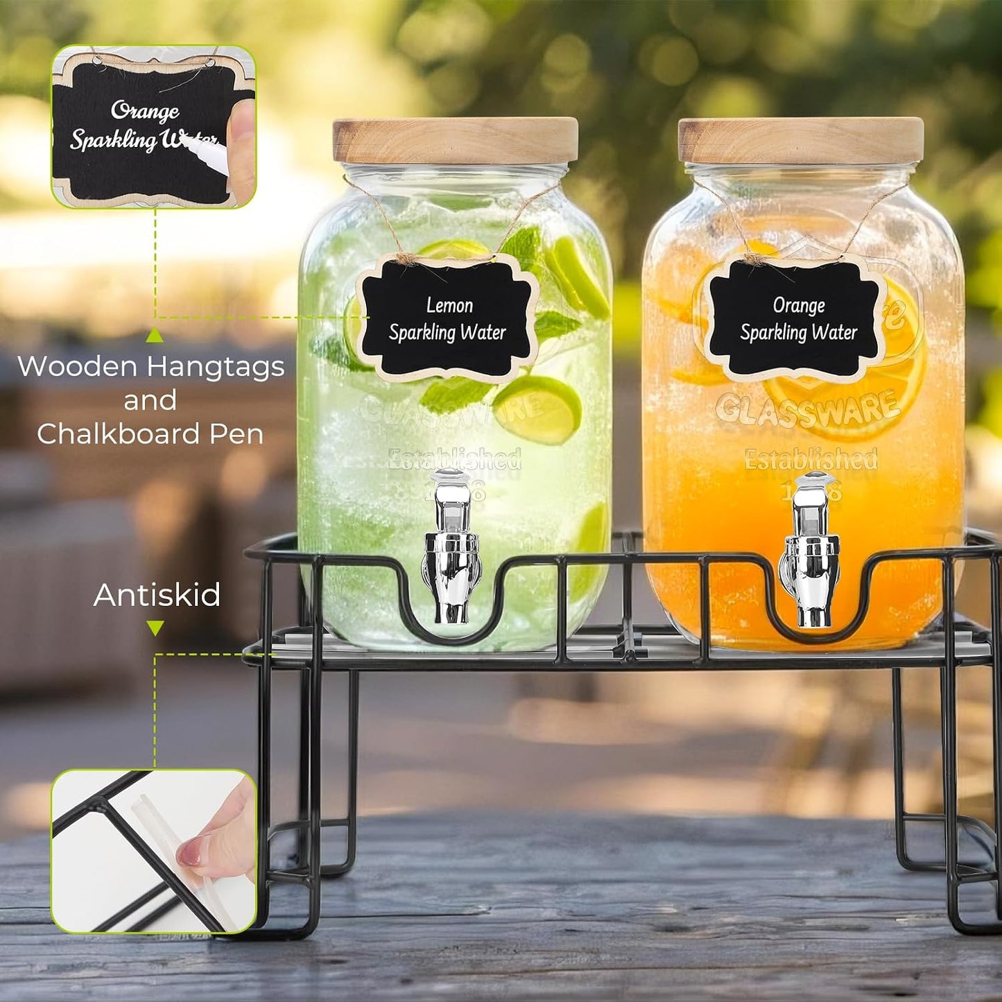 DHSBTLS 2 Gallon Glass Drink Dispensers, 1 Pack Clear Beverage Dispenser for Party, BBQ and Picnic, Juice Dispenser with Ice Core, Black Stand, Spigot, Markers and Chalkboard