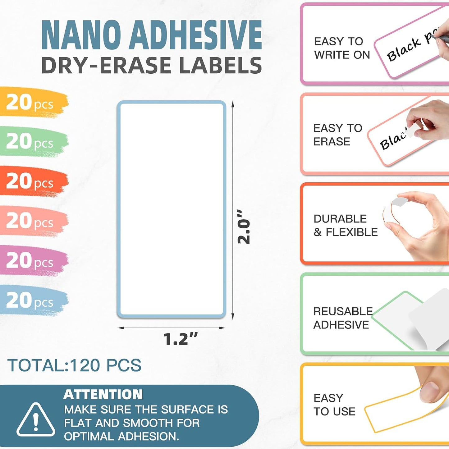 PPB Dry Erase Labels Sticky Notes for Containers, Reusable Waterproof Removable Stickers for Storage Bins, Freezer, Kitchen, Classroom, Whiteboard, All Purpose Use (1.2”x 2”, Multicolor, 60 Dots)