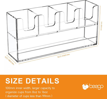 Beego 2-Compartment Cup Holder for Countertop - 2-Tier Clear Acrylic Cup Dispenser Coffee Station Paper Cup and Lid Organizer Condiment Storage for Restaurant Breakroom Kitchen Bar Accessories