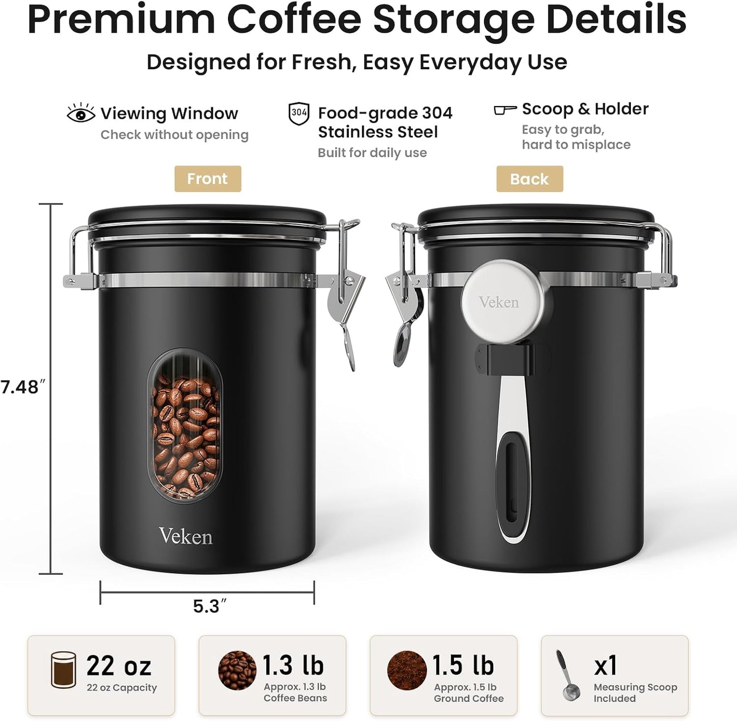 Veken Coffee Canister with Window, Family Choice Awards Winner, Airtight Stainless Steel Home Kitchen Food Storage Container with Lids for Grounds, Beans, Tea, Flour,Cereal,Sugar Jars,Scoop,16OZ,Black